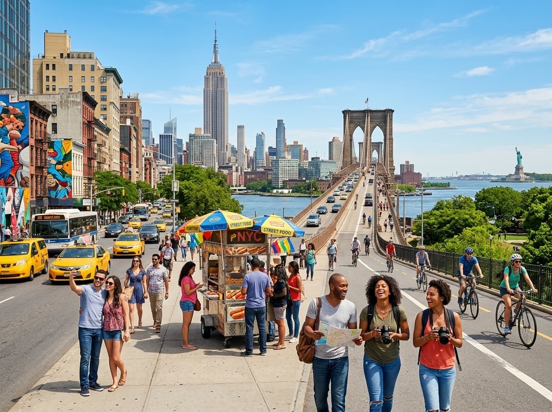 A busy New York City street with tourists and locals enjoying outdoor activities near iconic landmarks like the Empire State Building and the Brooklyn Bridge on a sunny day.