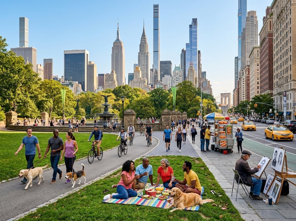 People enjoying various activities in Central Park with the New York City skyline and Brooklyn Bridge in the background.