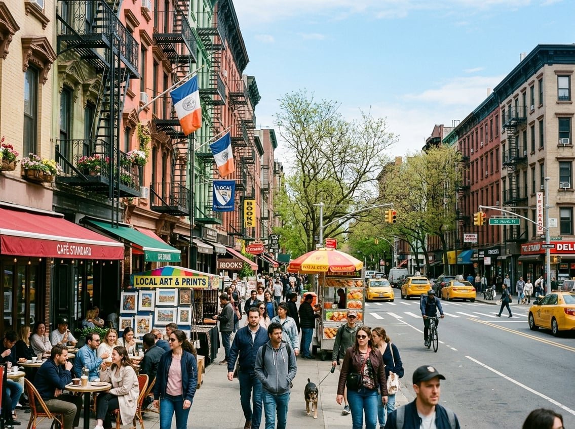 A busy New York City street with brownstone buildings, people walking and sitting at outdoor cafes, street vendors, and yellow taxis.