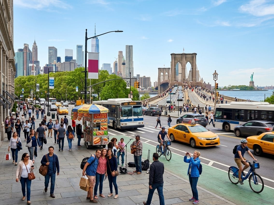 A busy New York City street with tourists, street performers, yellow taxis, and the Statue of Liberty and Brooklyn Bridge visible in the background.