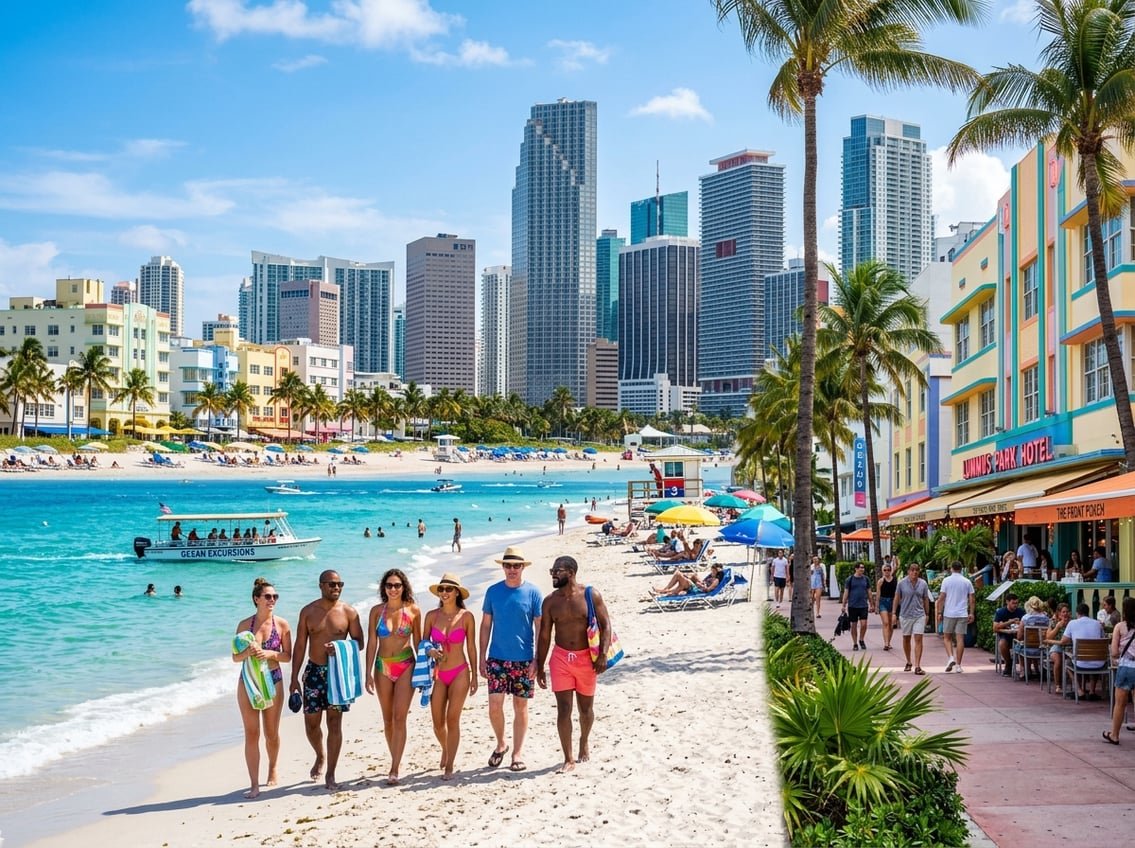 Tourists enjoying a sunny Miami beach with turquoise water, palm trees, city skyline, colorful street cafes, and a boat tour on the water.