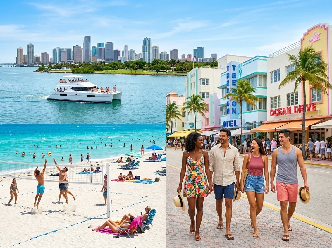 Tourists enjoying colorful Miami streets, a sunny beach with people swimming and playing volleyball, and a boat cruising near the city skyline.
