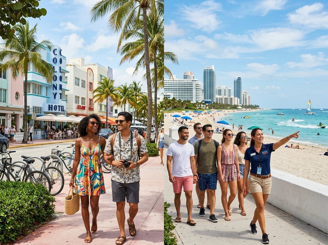 A sunny Miami street with palm trees, colorful buildings, and people enjoying a city tour near the beach and ocean.