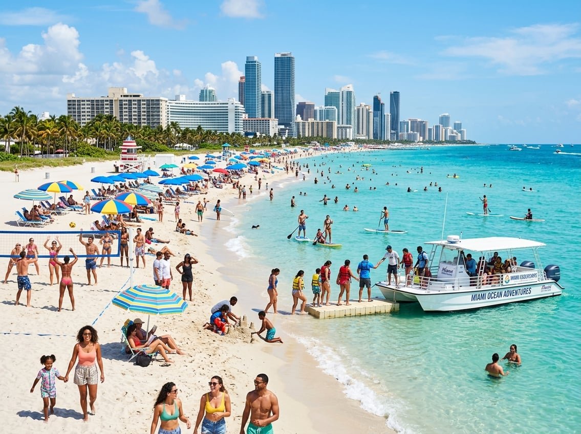 Adults and families enjoying a sunny beach with clear water, palm trees, and a city skyline in the background.