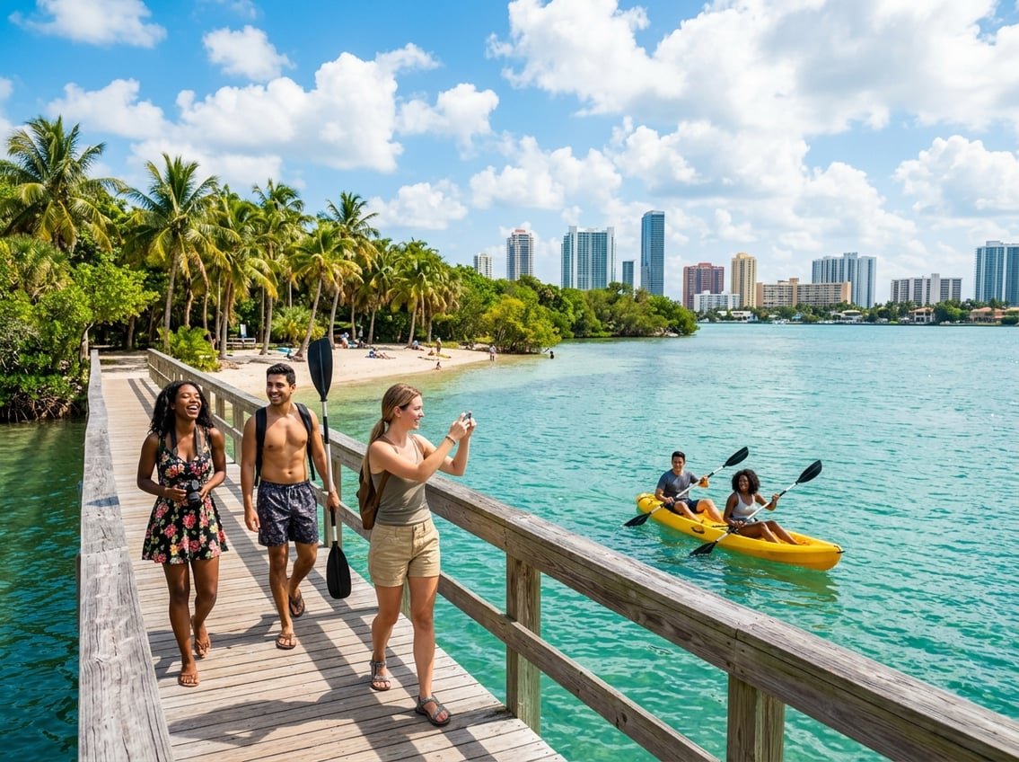 A group of people enjoying a sunny day near a beach with clear blue water, palm trees, and a small city skyline in the background.