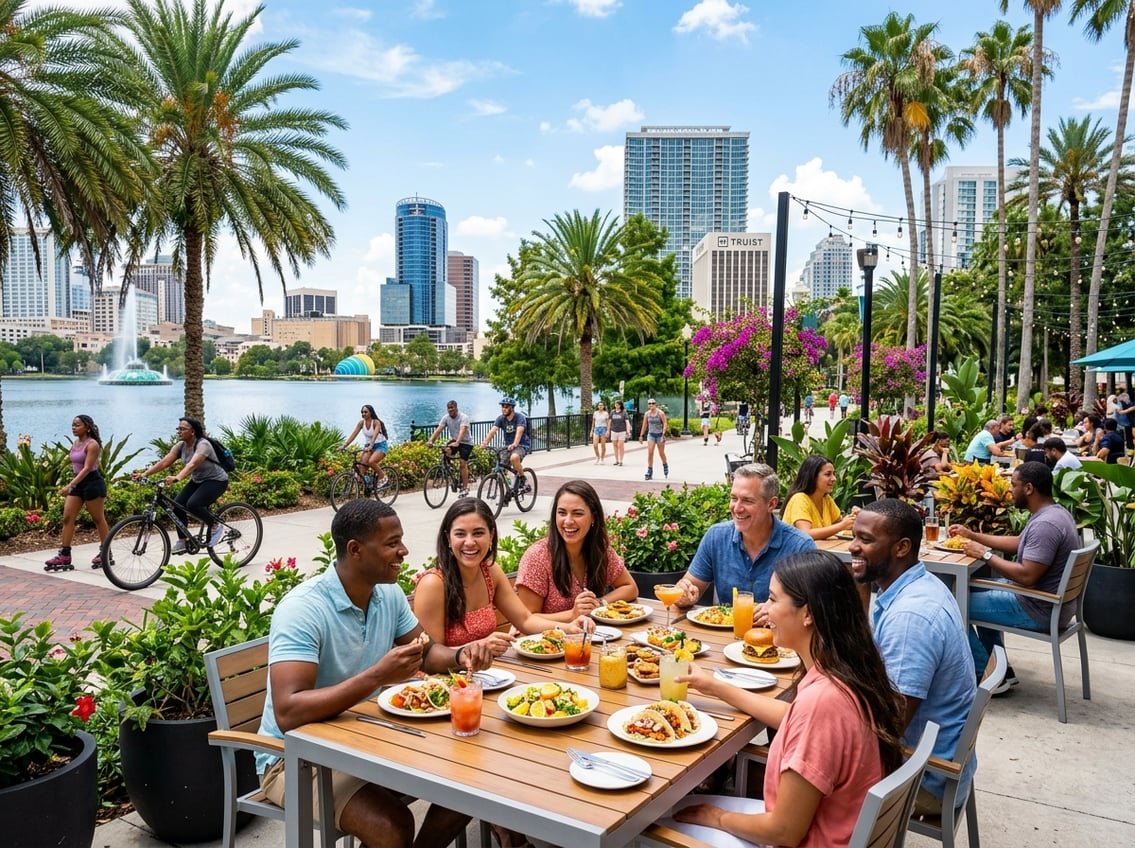 People dining outdoors at a restaurant with Orlando city skyline and palm trees in the background, while others enjoy biking and walking in a nearby park.