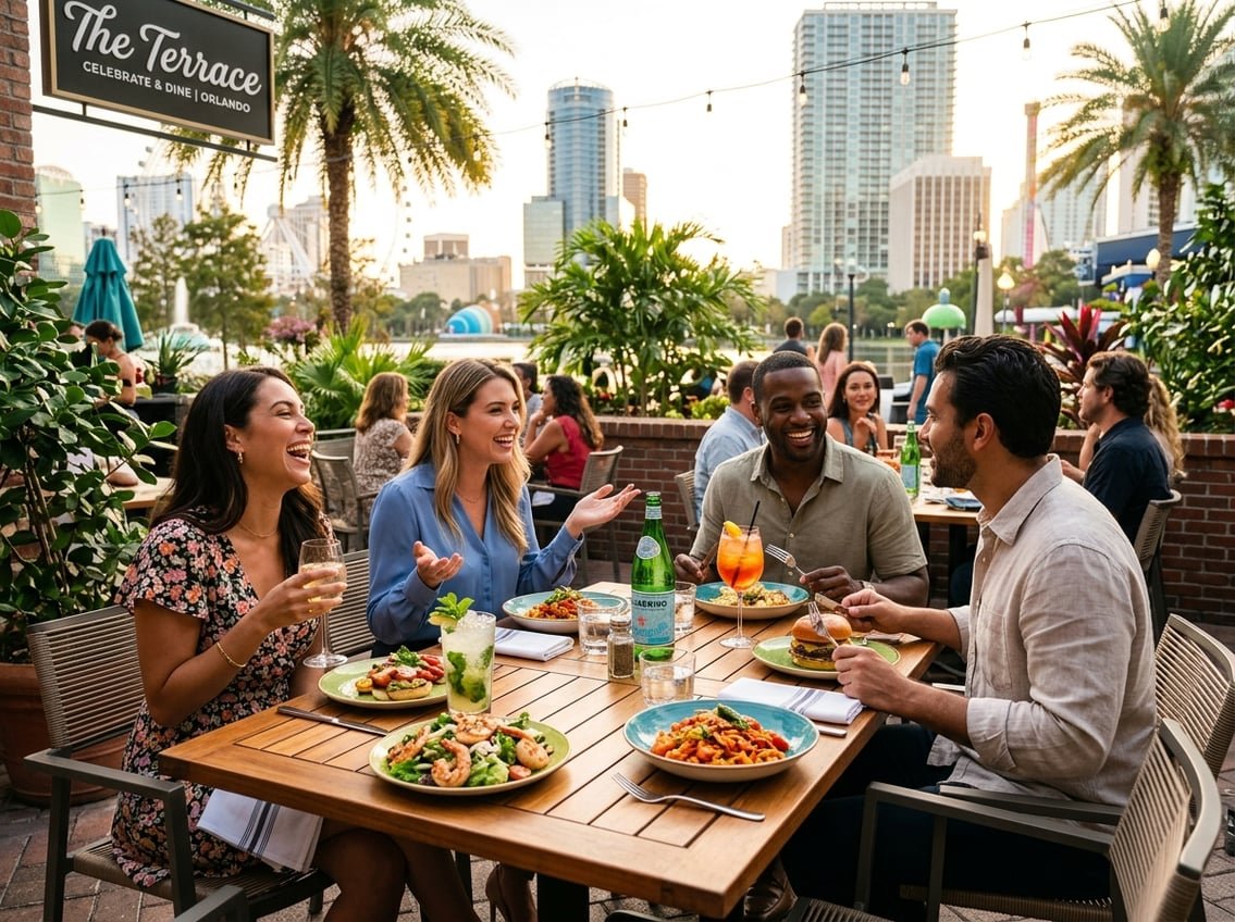 People enjoying a meal at an outdoor restaurant terrace with palm trees and city buildings in the background during sunset.