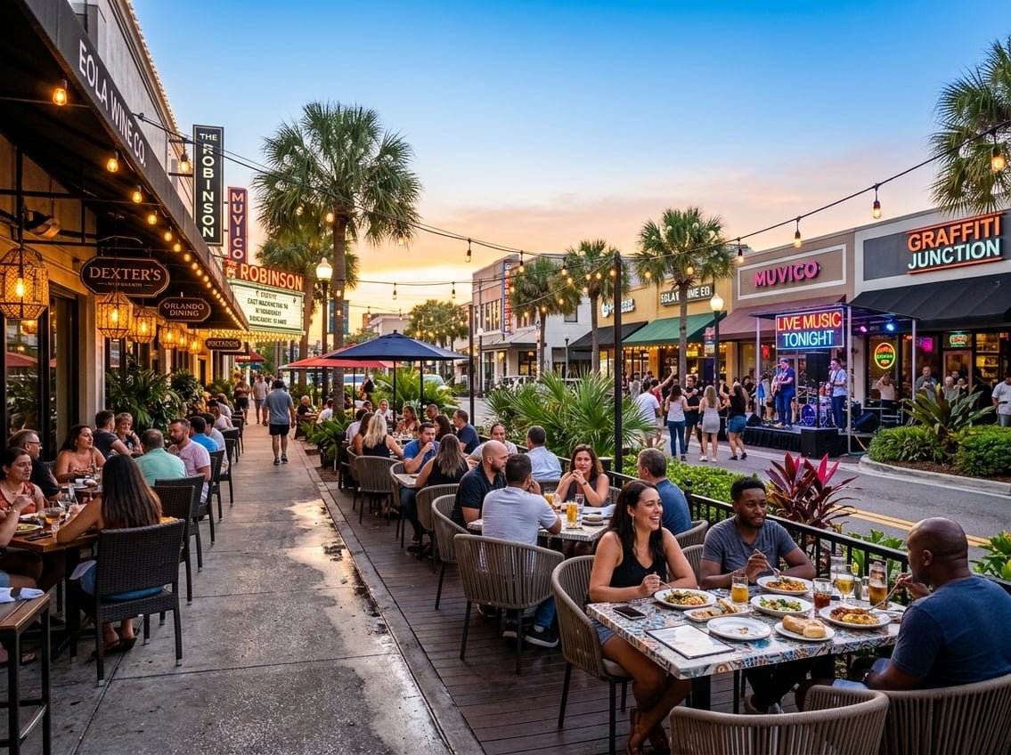 People dining outdoors in a lively Orlando street with restaurants, palm trees, and live music nearby at sunset.