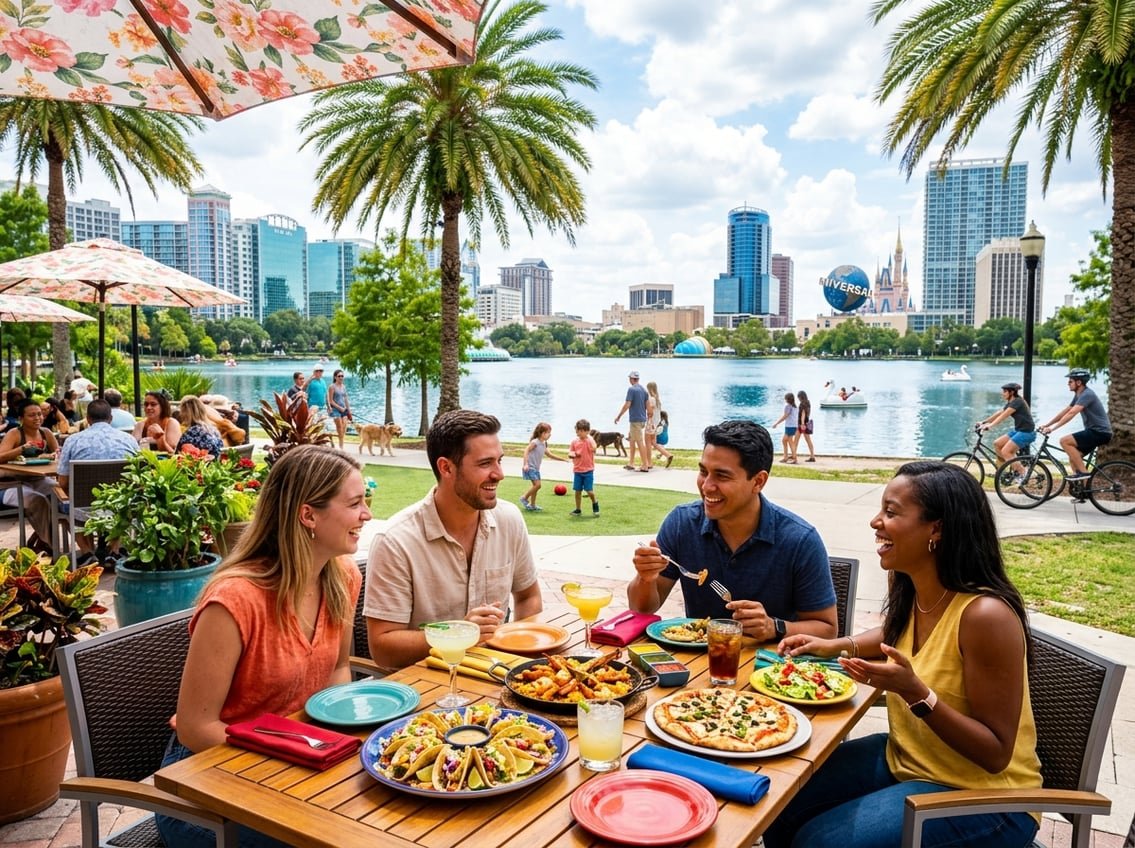 People enjoying a meal outdoors in Orlando with city buildings, palm trees, and people engaging in outdoor activities nearby.