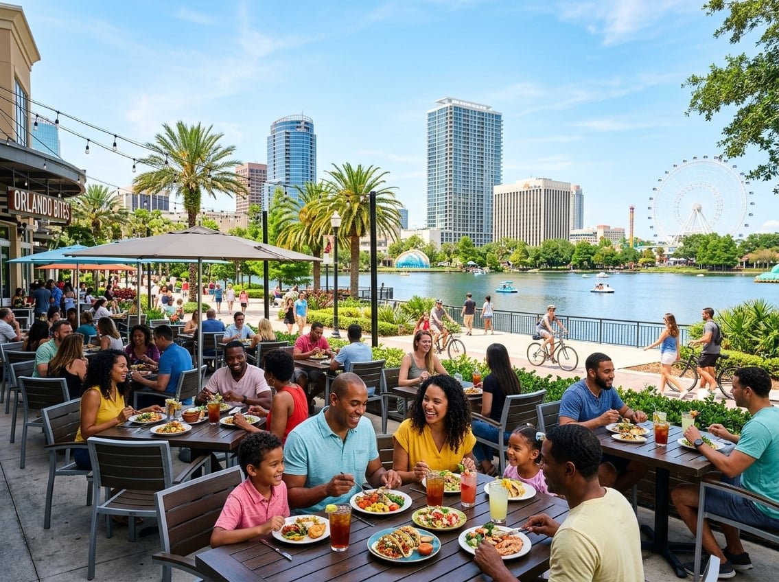 People enjoying outdoor dining and leisure activities in a sunny Orlando city setting with palm trees and buildings in the background.