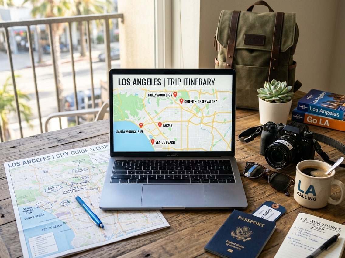A desk with a laptop showing a map of Los Angeles surrounded by travel items like a paper map, camera, sunglasses, passport, and coffee cup.