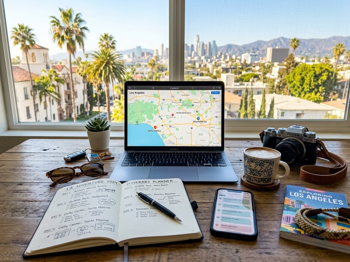 A sunlit workspace with a laptop showing a map of Los Angeles, a notebook, camera, sunglasses, and a smartphone, with palm trees and city buildings visible through a window.