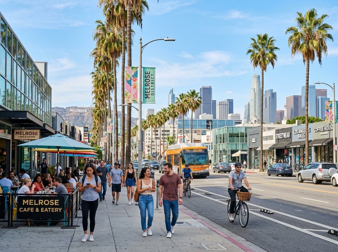 A sunny Los Angeles street scene with palm trees, people walking and biking, outdoor cafes, and city buildings in the background.