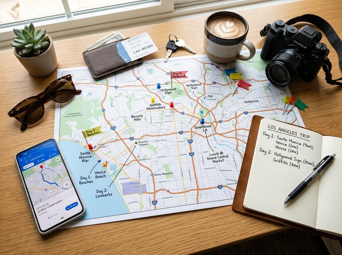 Top-down view of a desk with a Los Angeles map, smartphone, sunglasses, notebook, coffee cup, and camera arranged for travel planning.