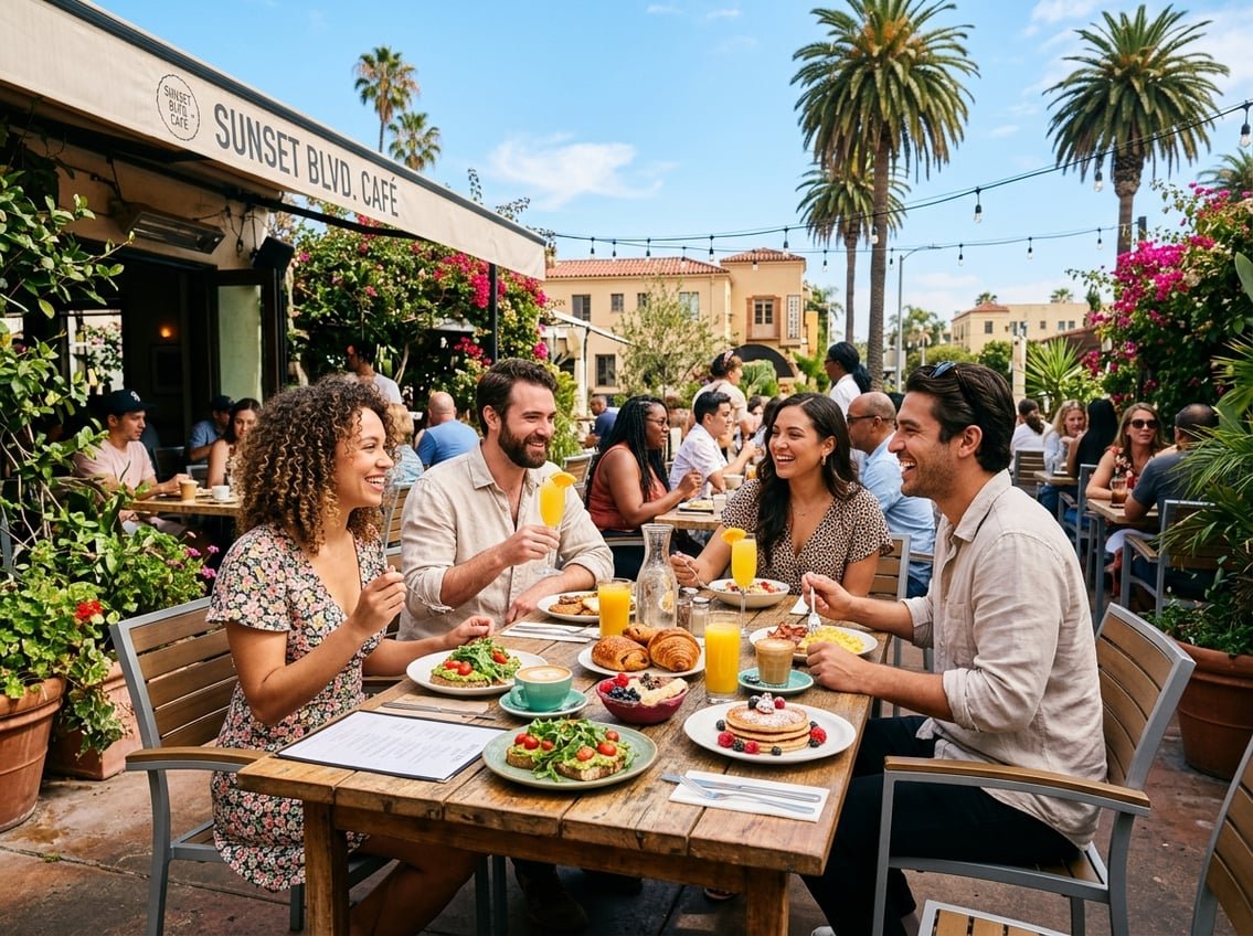 People enjoying brunch outdoors at a sunny Los Angeles cafe with plates of food and drinks on the table.