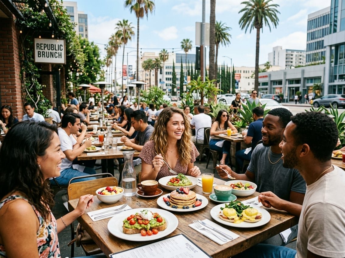 People enjoying brunch outdoors at a sunny café in Los Angeles with plates of food and coffee on the tables.