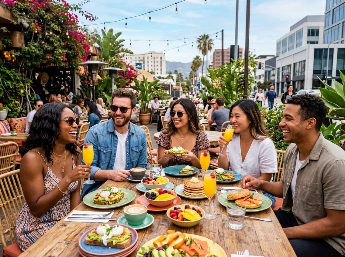 A group of friends enjoying brunch outdoors at a café patio with food and drinks on the table and city buildings in the background.