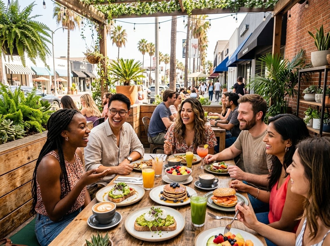 People enjoying brunch at outdoor tables in a lively Los Angeles cafe with greenery and city street in the background.
