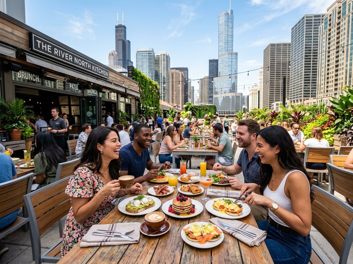 People enjoying a sunny outdoor brunch with plates of food and drinks on tables, with city buildings in the background.