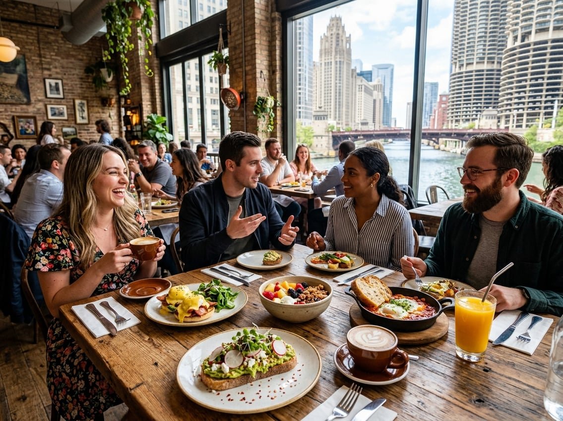 A table with various brunch dishes and coffee in a busy restaurant with people dining and talking.
