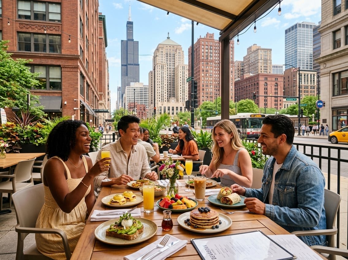 A group of friends enjoying brunch outdoors at a café with Chicago city buildings in the background.