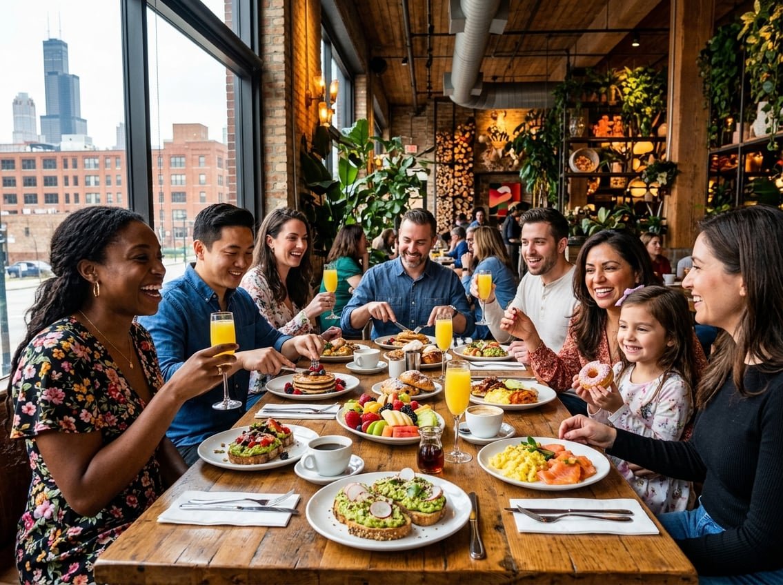 A group of people enjoying brunch together at a restaurant table with various dishes and drinks.