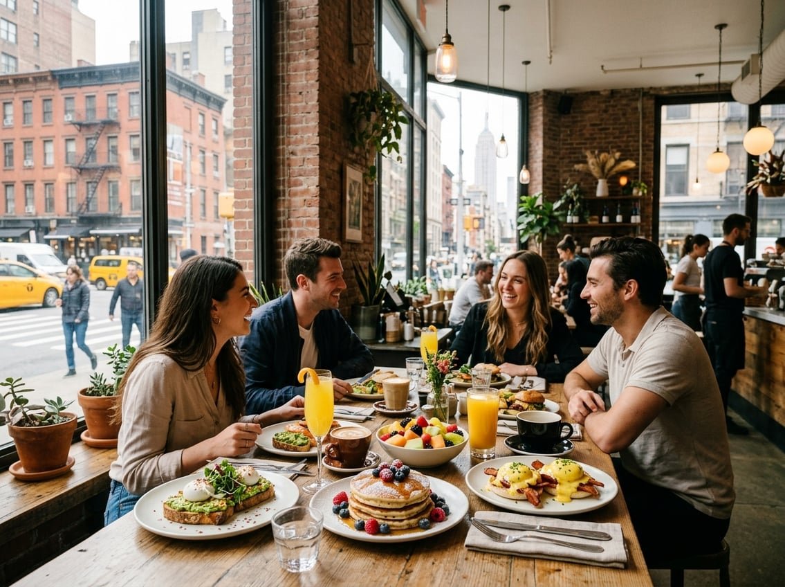 A table set with various brunch dishes and drinks inside a bright New York City café with large windows and an urban interior.