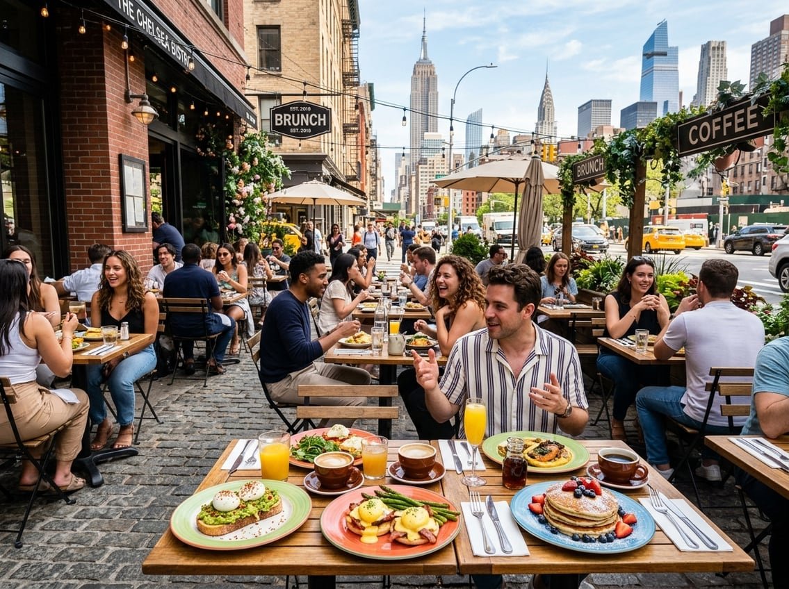 People enjoying brunch at an outdoor cafe with plates of food and the New York City skyline in the background.
