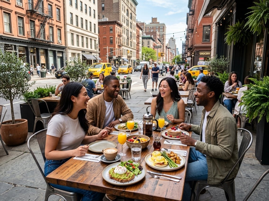 People enjoying a variety of brunch dishes at an outdoor café with New York City buildings in the background.
