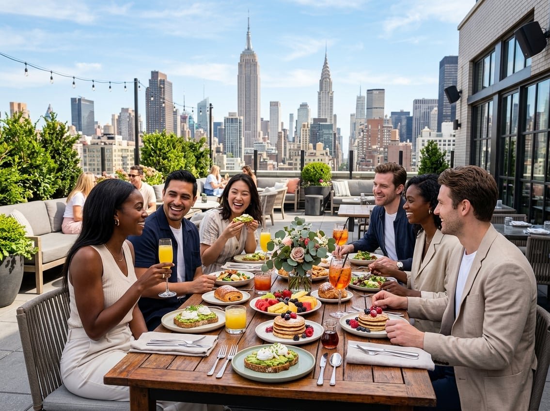 People enjoying a brunch on a rooftop terrace with New York City skyscrapers in the background.