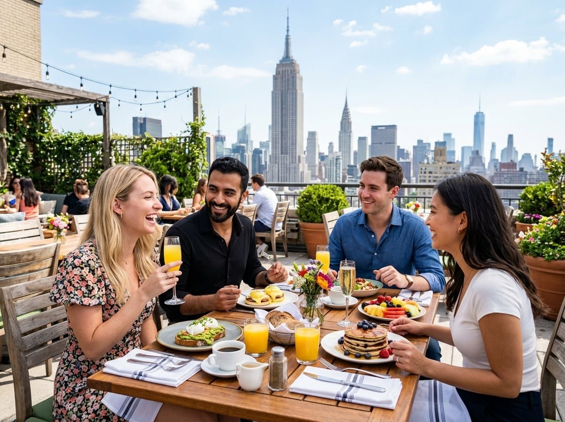 A group of young professionals enjoying brunch on a rooftop terrace with the New York City skyline in the background.