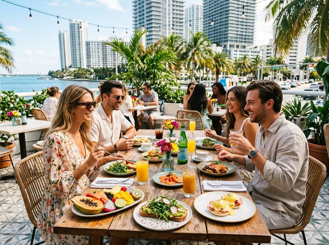 Outdoor brunch table with colorful food and drinks, palm trees, and people enjoying a sunny meal in Miami.