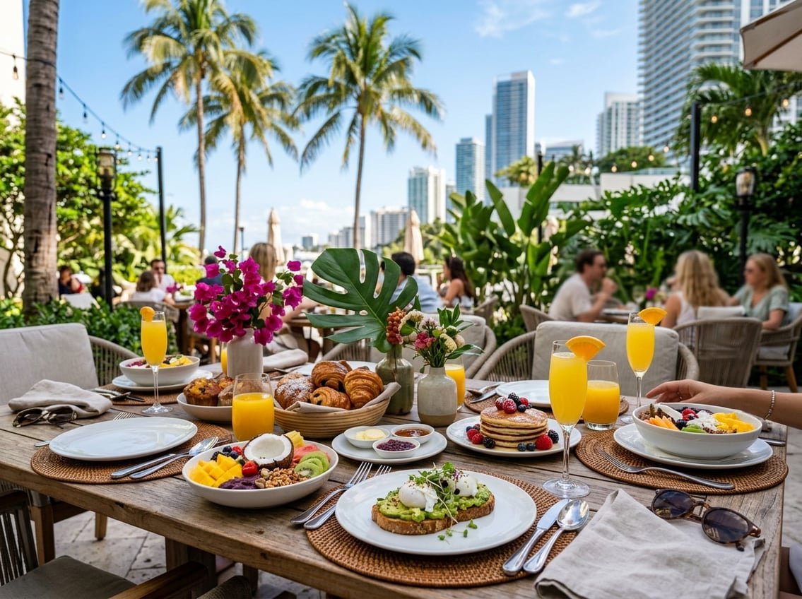 Outdoor brunch table in Miami with colorful dishes, drinks, palm trees, and clear blue sky.