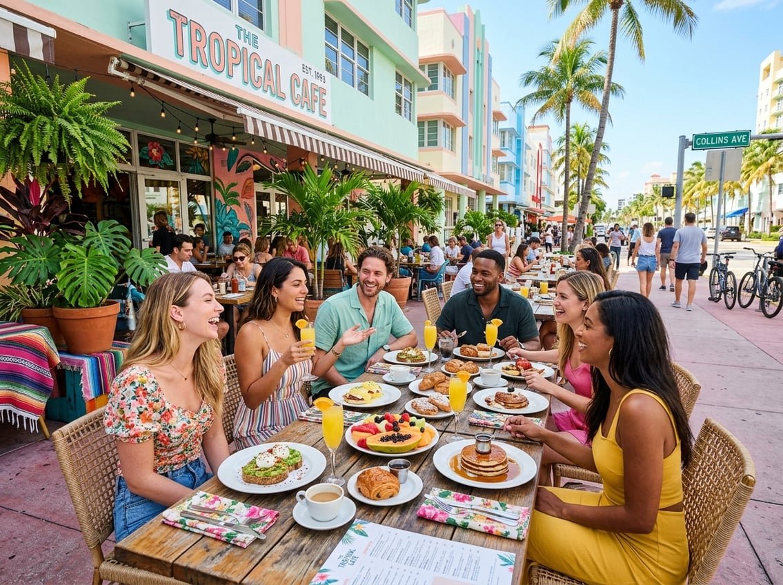 People enjoying brunch outdoors at a colorful Miami sidewalk café with palm trees and pastel buildings in the background.