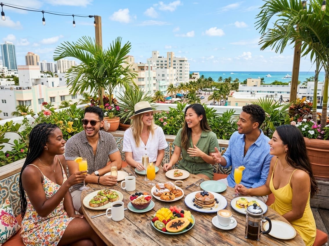 People enjoying a sunny outdoor brunch with tropical plants and Miami city buildings in the background.