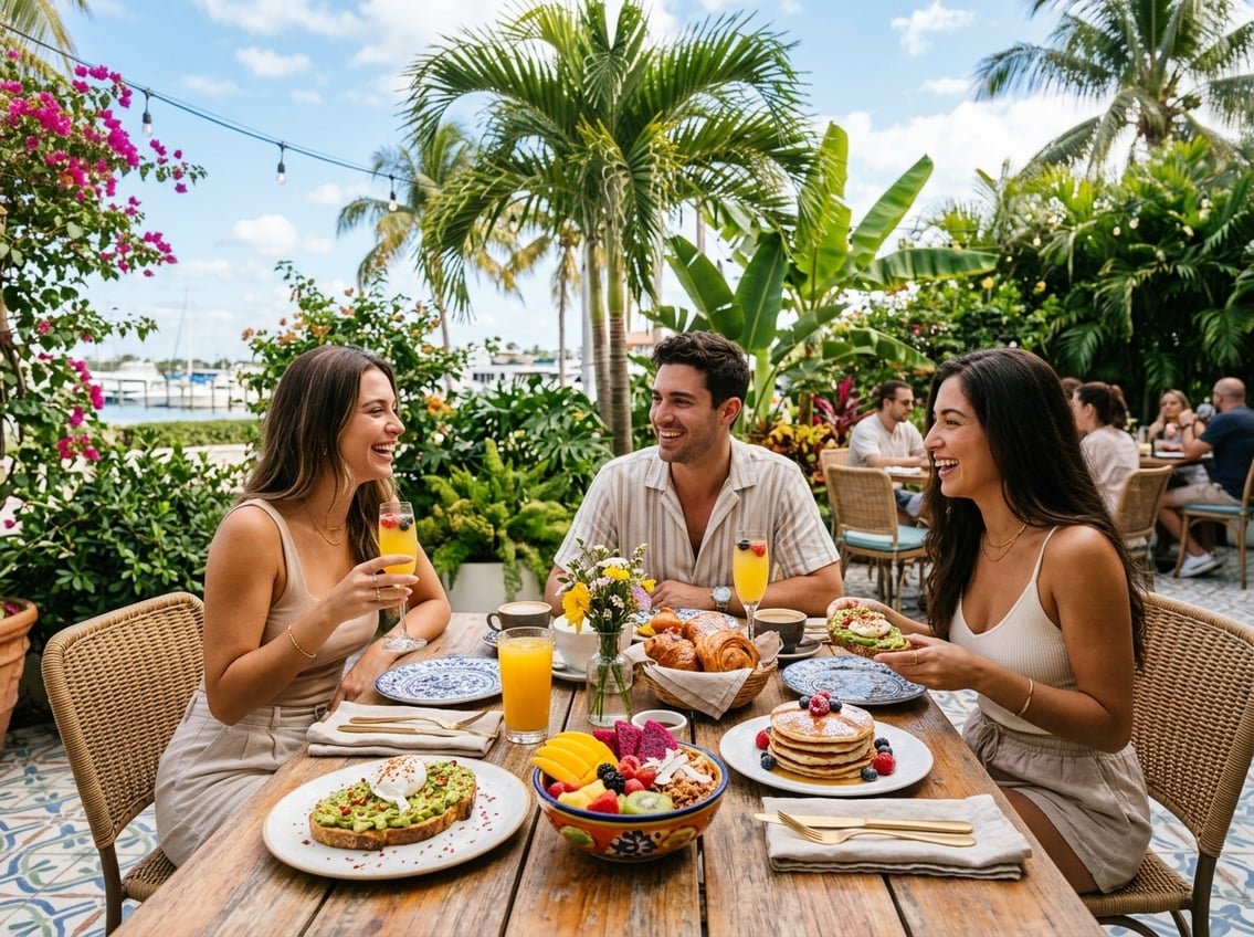 Outdoor brunch table with colorful dishes, fresh fruit, and drinks surrounded by tropical plants.