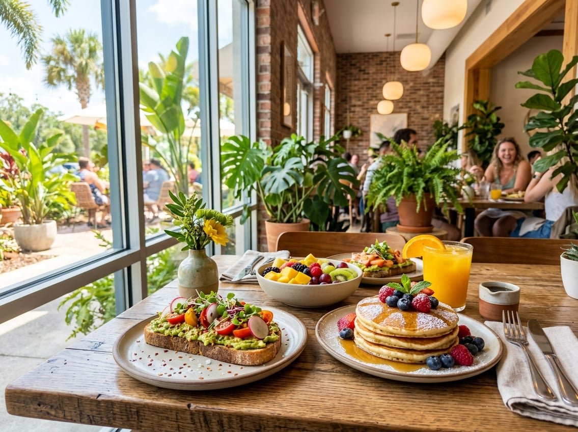 A table set with various brunch dishes including avocado toast, pancakes with berries, fruit bowl, and orange juice in a bright café with large windows and plants.