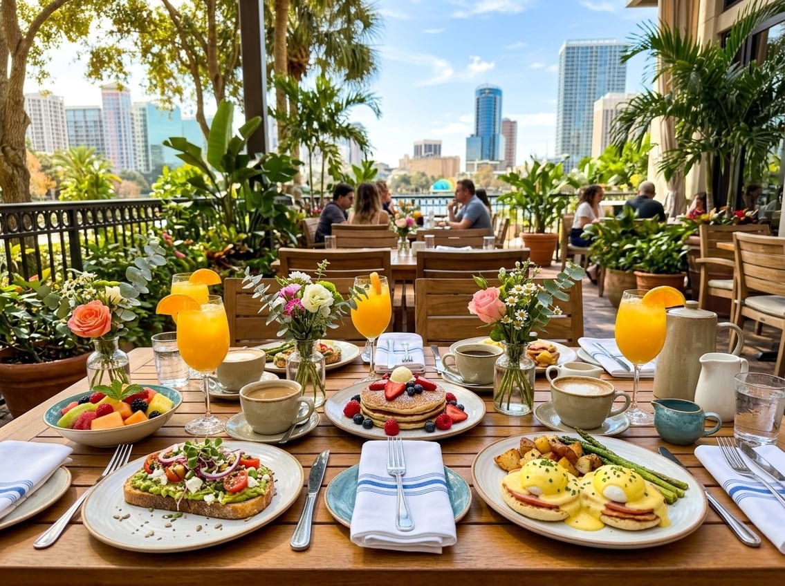 A brunch table outdoors with various breakfast dishes, drinks, and flowers in a sunny patio setting.