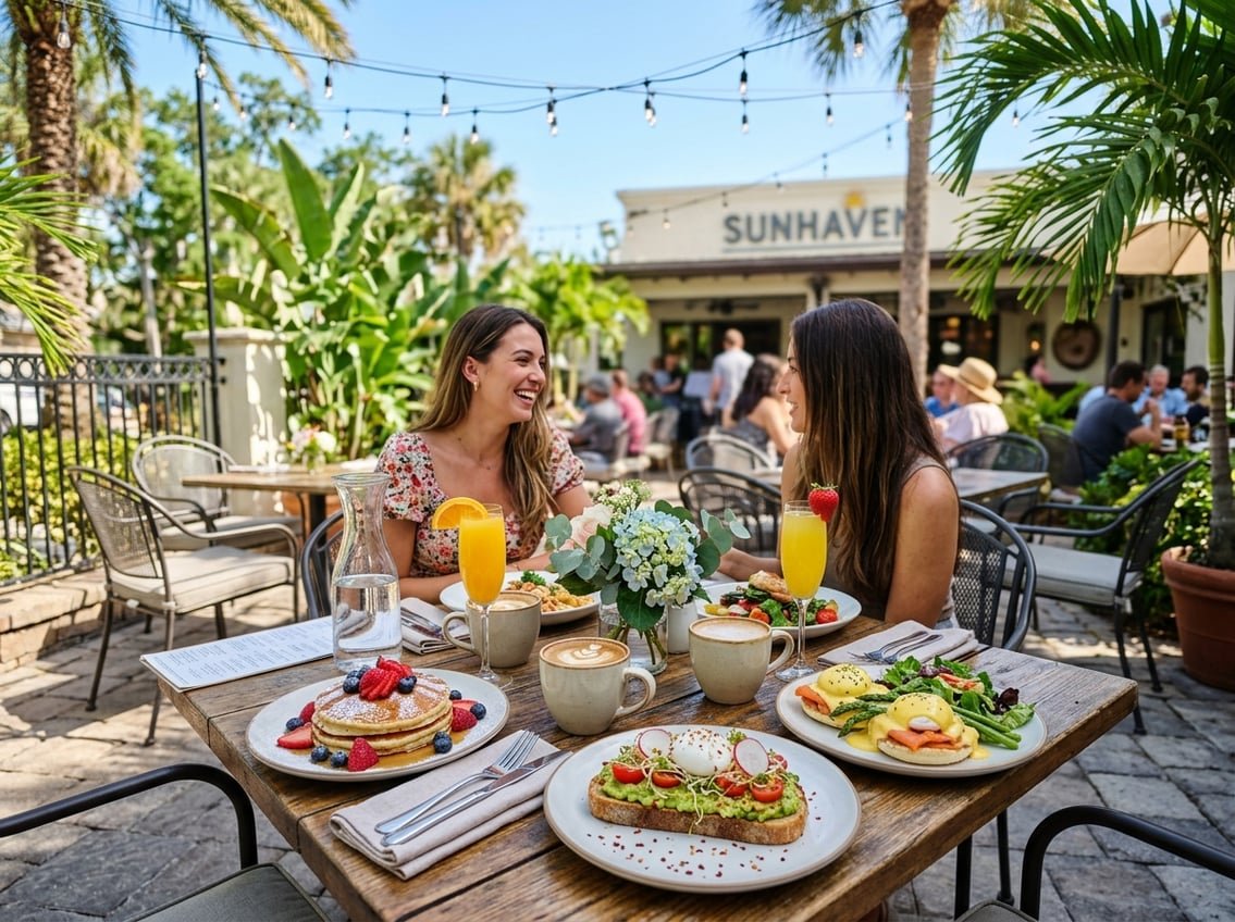 Outdoor brunch table with colorful dishes and coffee on a sunny patio surrounded by palm trees.