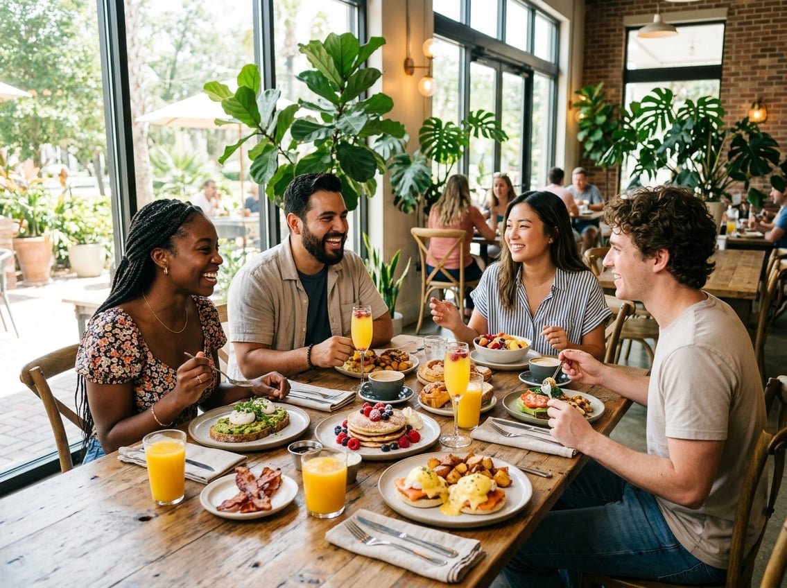 Friends enjoying a variety of brunch dishes and drinks at a sunlit café table.