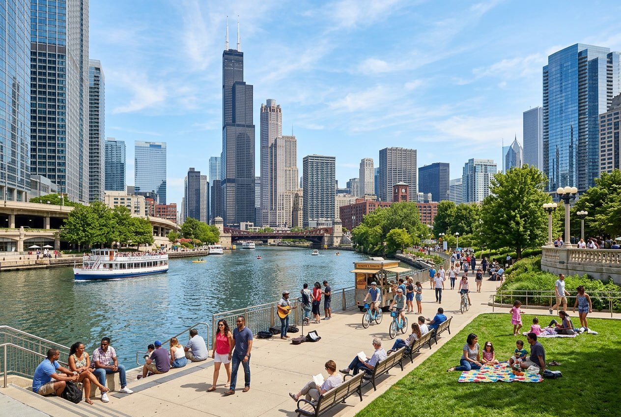 People enjoying a sunny day by the Chicago River with city skyscrapers and walkways in the background.