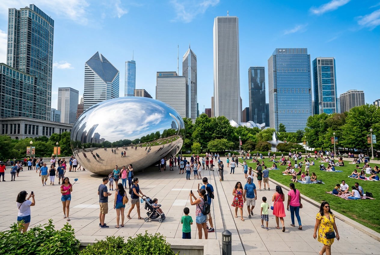 People enjoying a sunny day at Millennium Park in Chicago with the Cloud Gate sculpture and city skyline in the background.