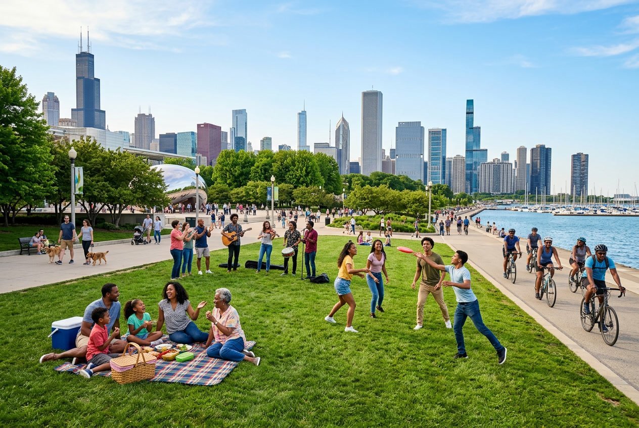 People enjoying free outdoor activities in a Chicago park with the city skyline in the background.
