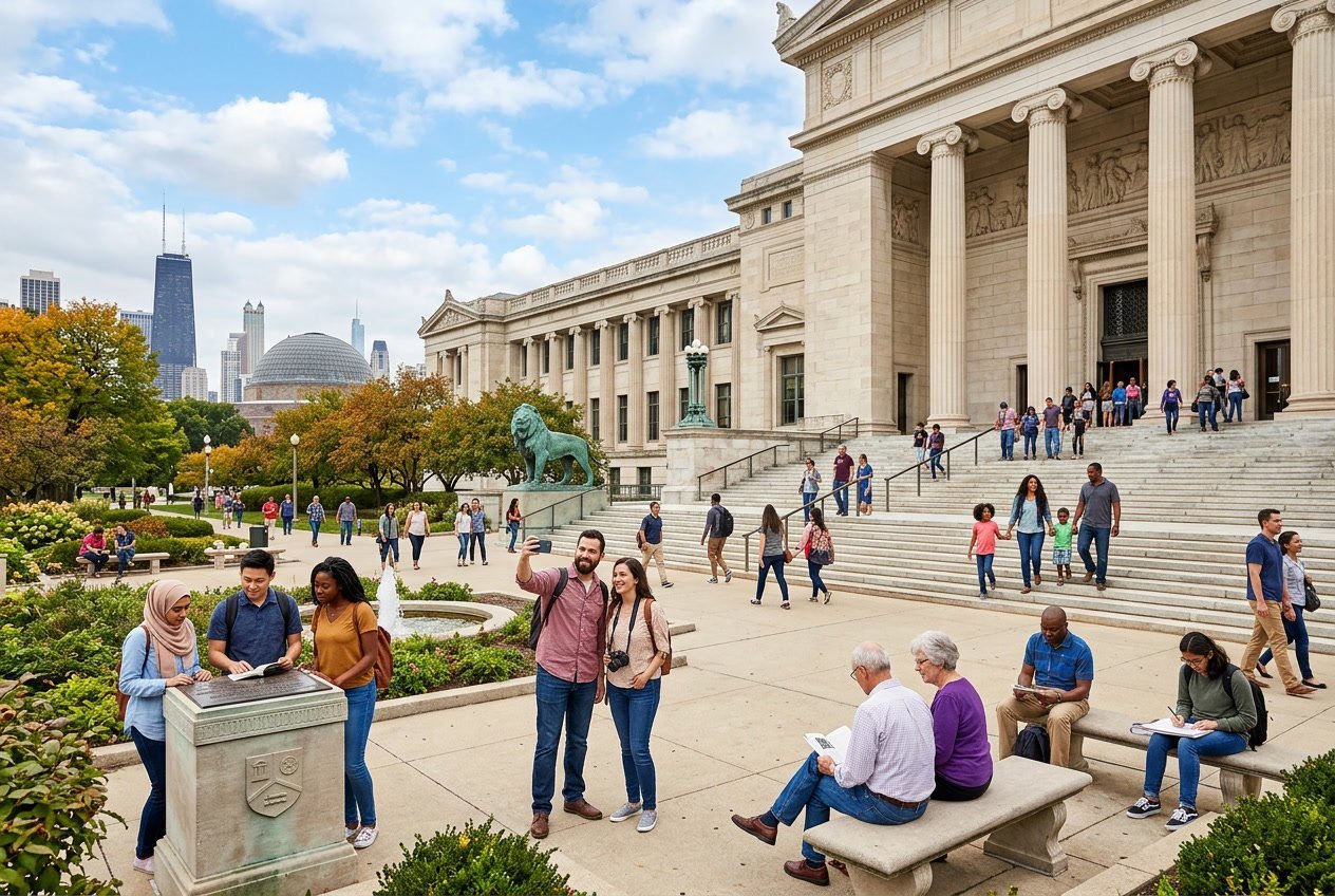 Visitors enjoying the exterior of a Chicago museum on a sunny day with blue skies and green spaces nearby.