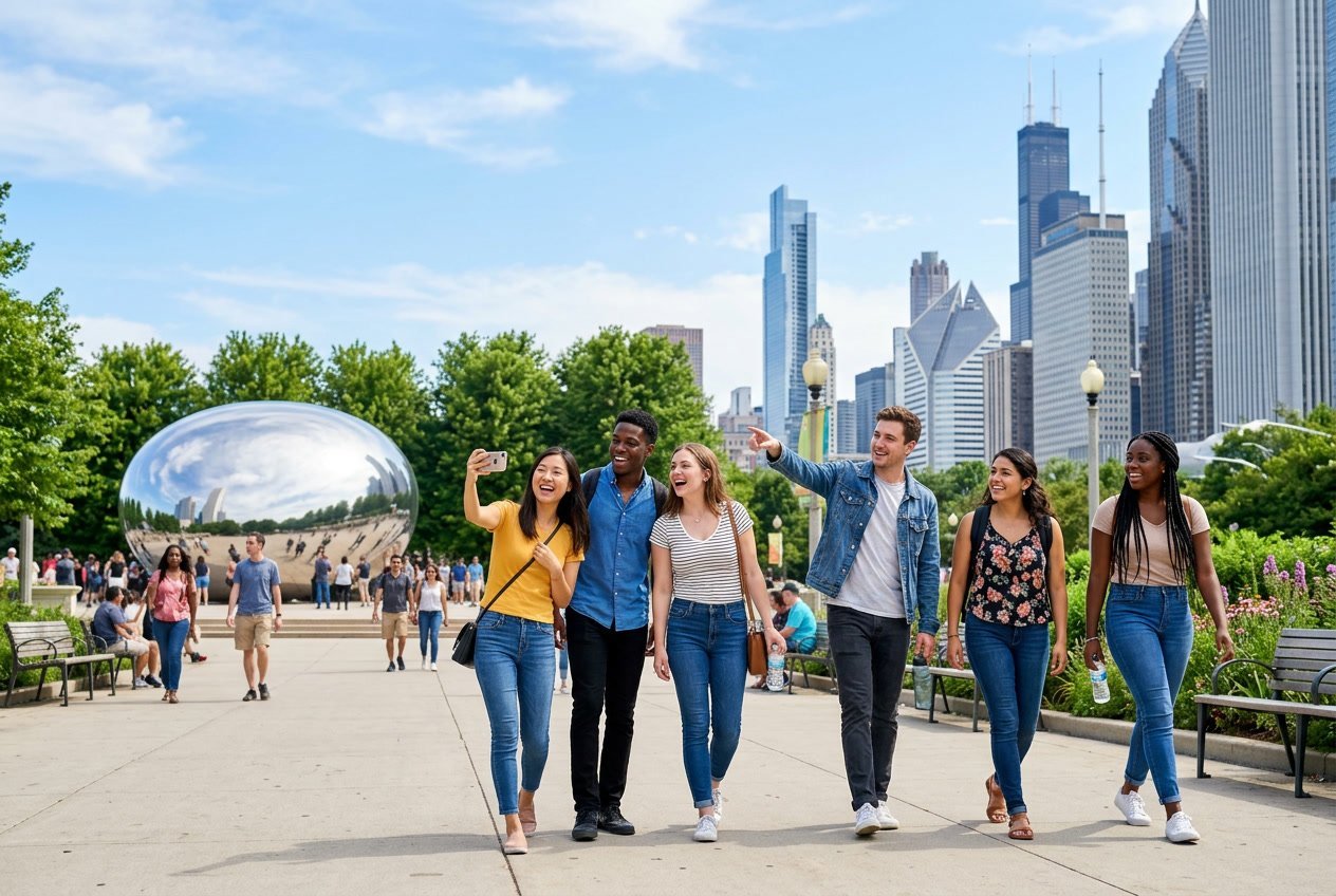 A group of people enjoying a sunny day at Millennium Park in Chicago with the city skyline in the background.