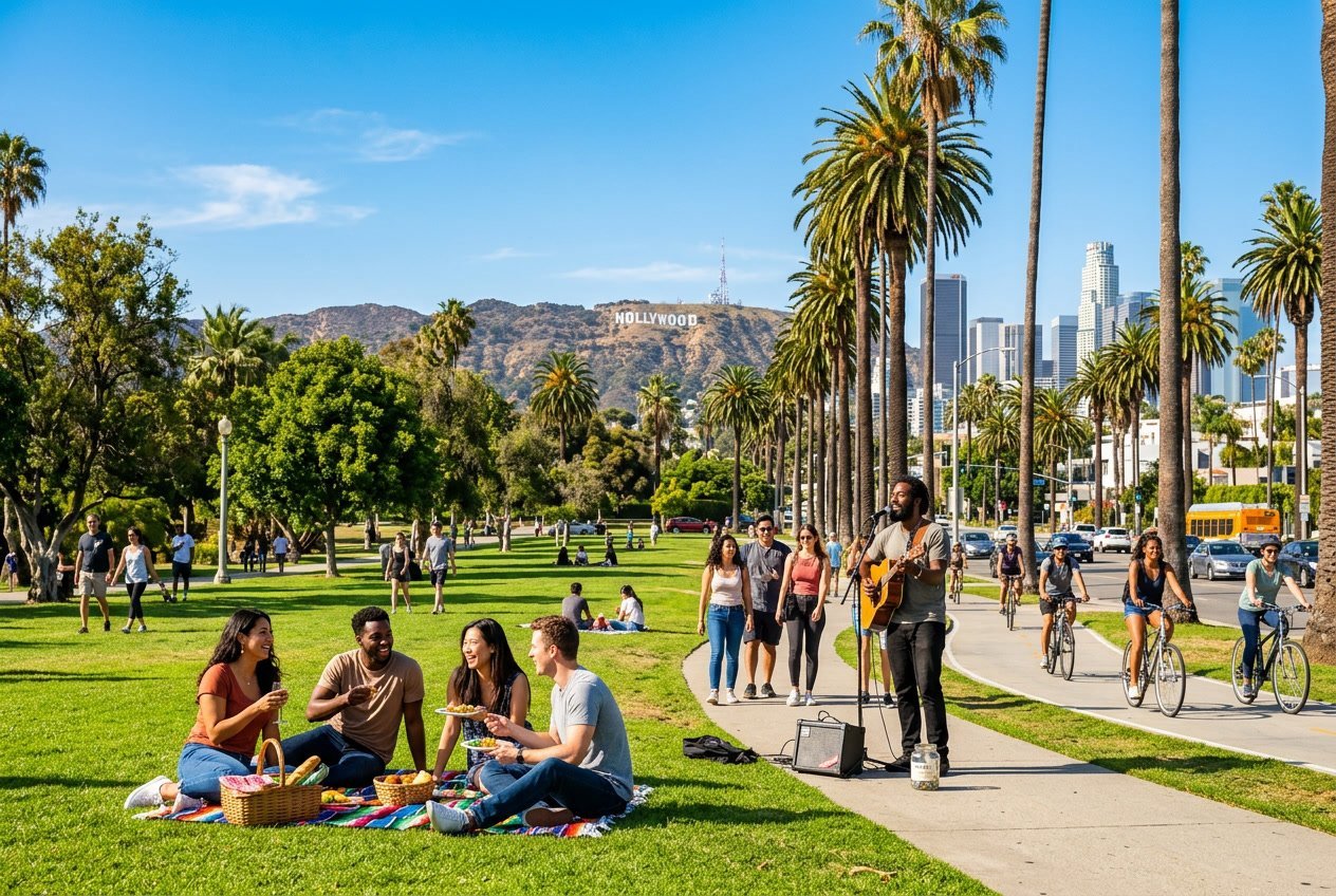 People enjoying outdoor activities in a sunny Los Angeles park with the Hollywood Sign and palm trees visible in the background.