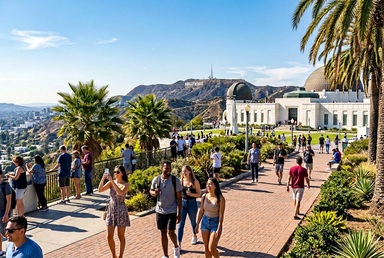 People enjoying a sunny day at Griffith Observatory with the Hollywood sign and palm trees in the background in Los Angeles.