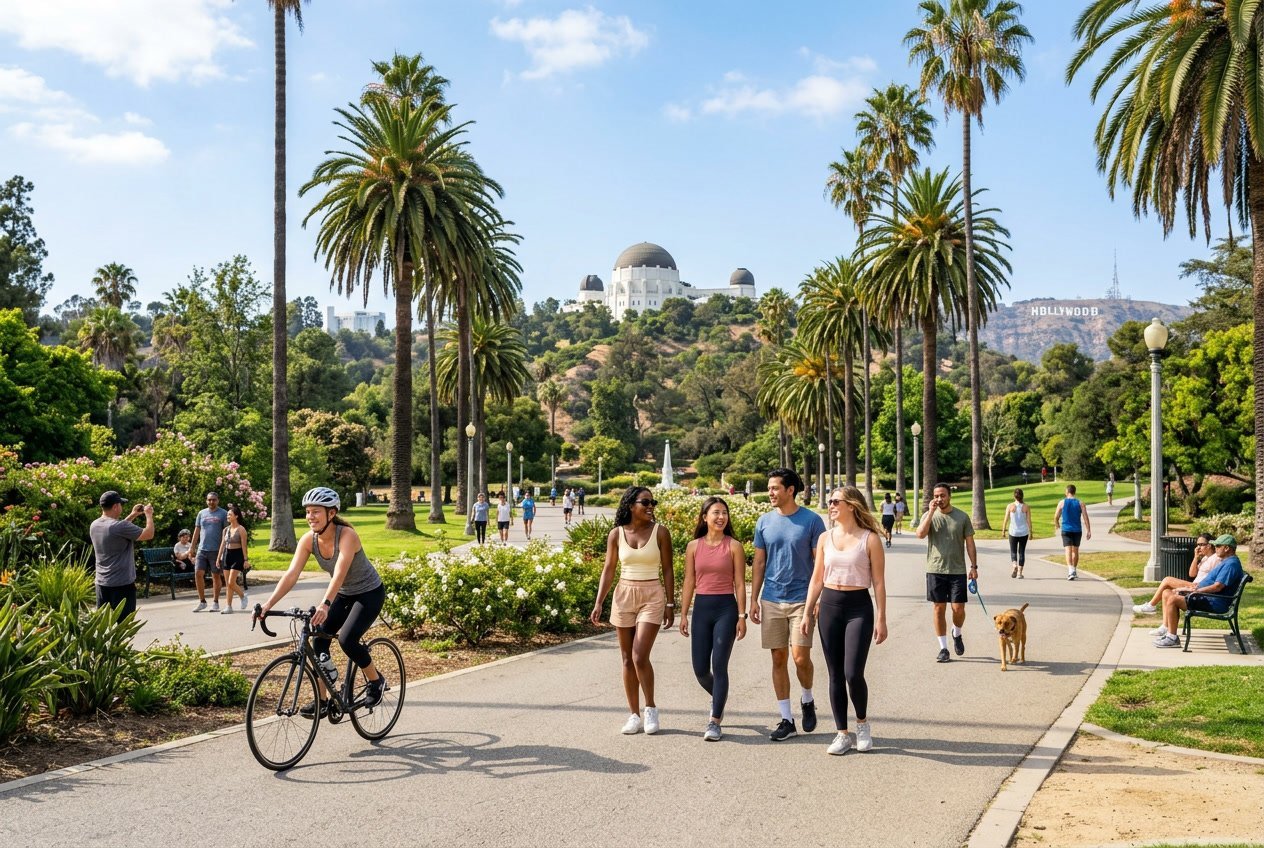 People enjoying outdoor activities in a sunny Los Angeles park with palm trees and city landmarks in the background.