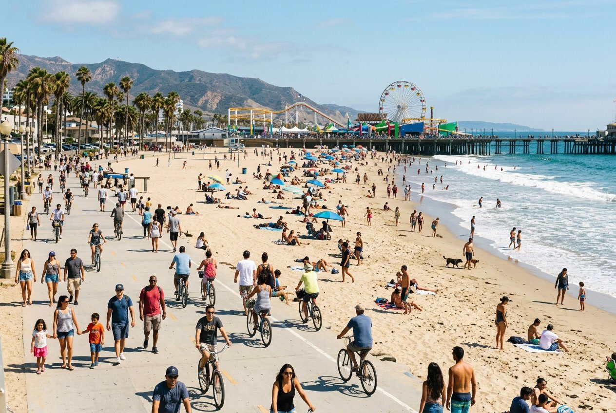 People enjoying a sunny day at Santa Monica Beach with the pier and ocean in the background.