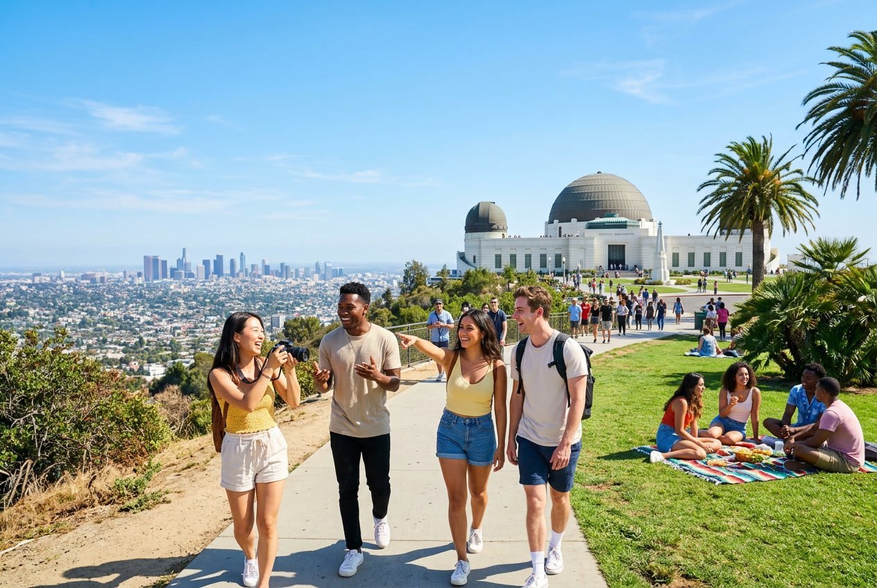 A group of young adults enjoying outdoor activities near Griffith Observatory and a park in Los Angeles on a sunny day.